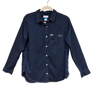 Columbia Button Front Shirt Small Navy Blue Polka Dot Casual Outdoor Classic